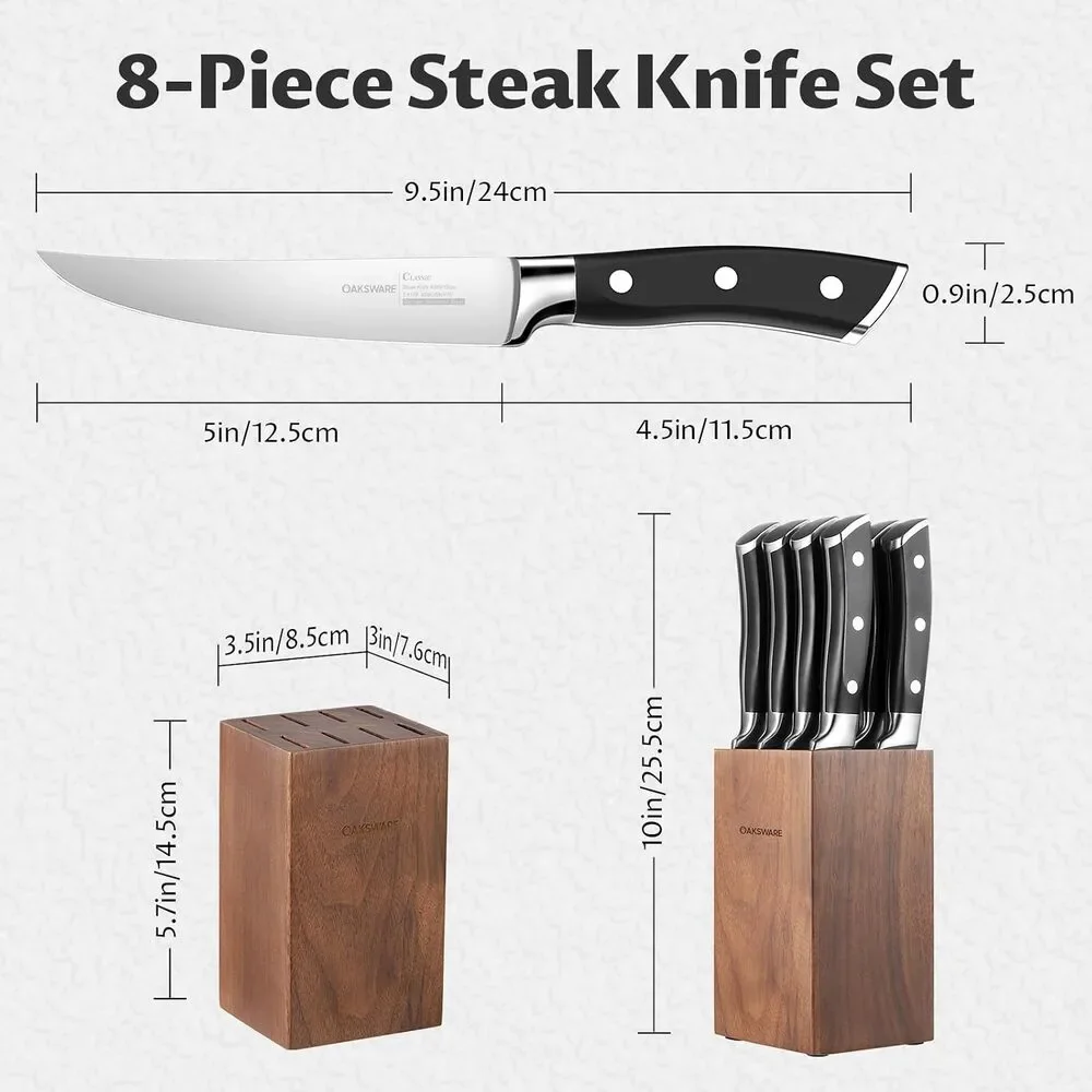 OAKSWARE Steak Knives Set of 8, 5 Inch Non Serrated Knife with Walnut Block